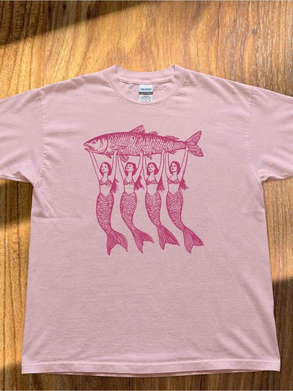 Gildan Light Pink Tee with Magenta Mermaid-and-Fish Graphic